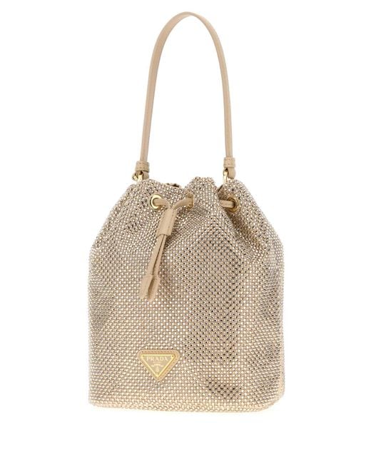 Prada Natural Embellished Satin Bucket Bag