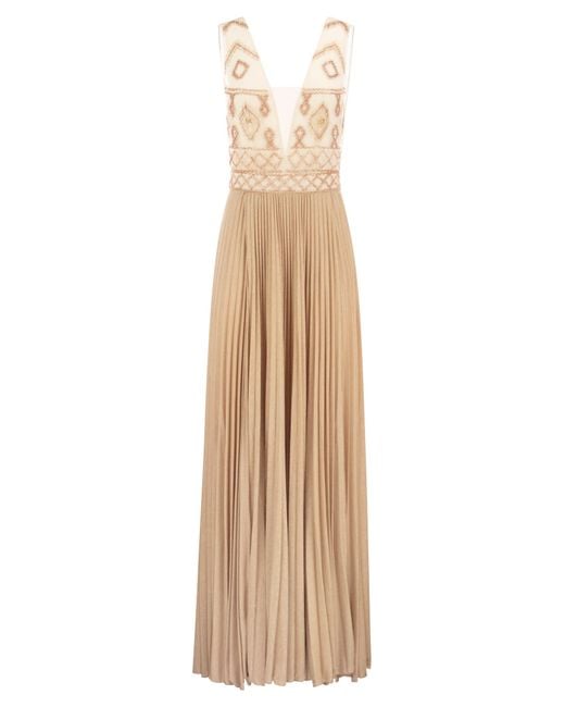 Elisabetta Franchi Natural Red Carpet Dress With Rhombus Embroidery