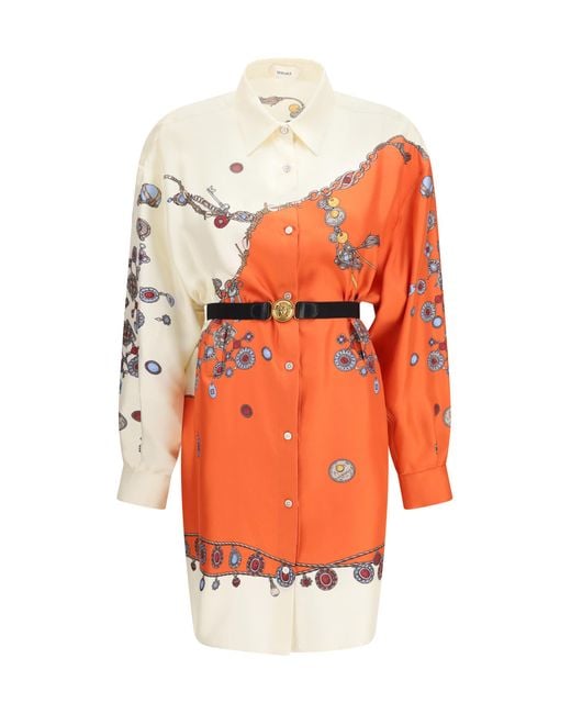 Versace Orange Printed Silk Shirt Mini Dress