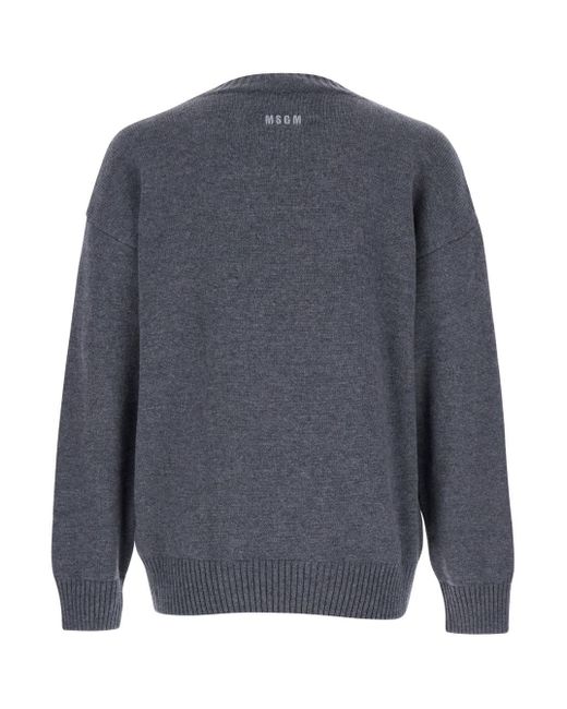 MSGM Gray Crew Neck Sweater With Front Logo for men