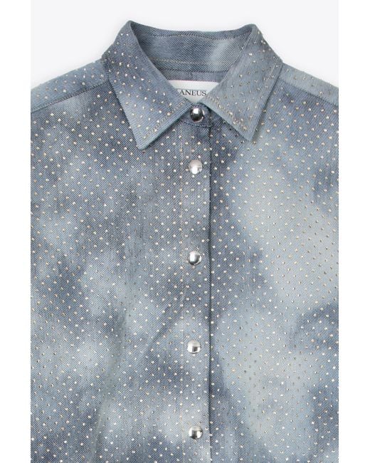 Laneus Blue Denim Strass Shirt Light Denim Shirt With Crystals