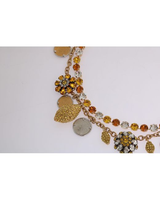 Dolce & Gabbana Metallic Brass Crystal Logo Pineapple Statement Necklace Real