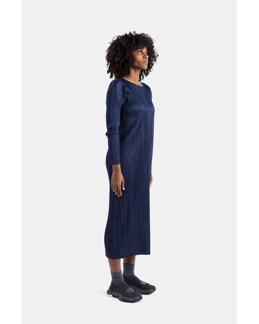 Pleats Please Issey Miyake Blue Pleated Long-Sleeved Midi Dress