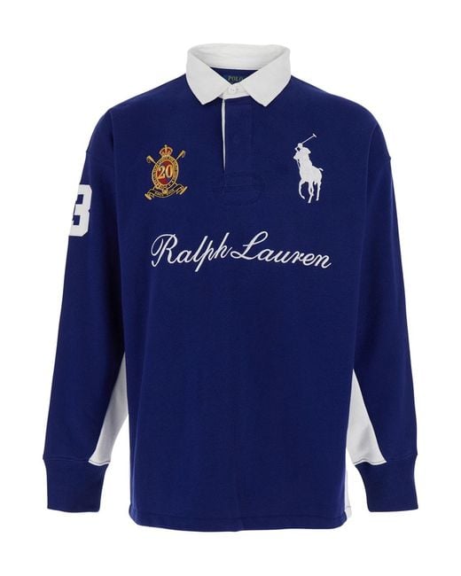 Polo Ralph Lauren Blue Rugby Fit Polo Shirt With Maxi Horse Embroidery On The Front And Lettering Logo for men