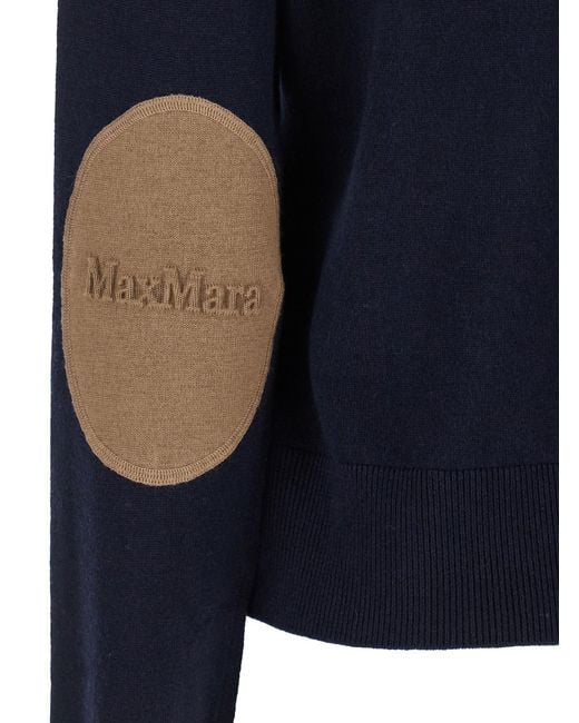 Max Mara Blue Crewneck Sweater With Logo Patch Wool Tops