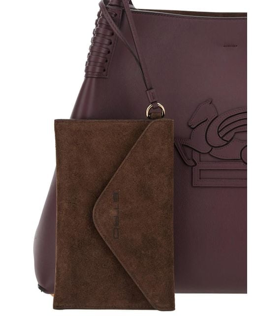 Etro Purple 'Libra' Bordeaux Big Shoulder Bag With Logo Embroidery On The Front And Braided Handles