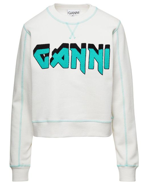 Ganni Gray Crewneck Sweater With Logo Print And Contrasting Stitching In Cotton