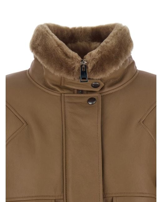 Blancha Brown Bomber Jacket With Fur Collar And Patch Pockets