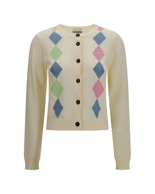 Ganni White Diamond-Pattern Cardigan Cotton