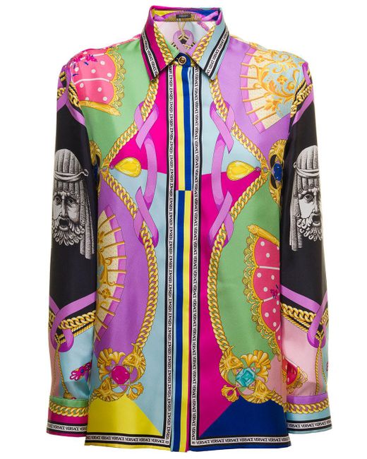 Versace Silk Twill Shirt With Fan Print Woman in Pink | Lyst