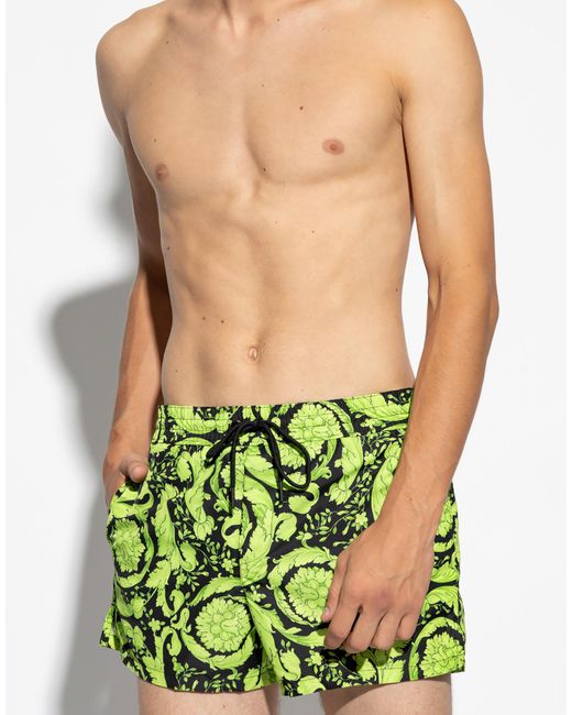 Versace Green Barocco Print Logo Swim Shorts for men