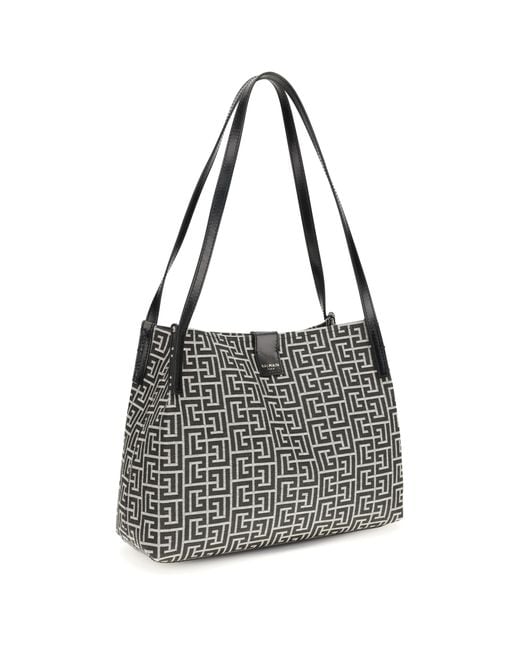 Balmain Black Jacquard And Leather Tote Bag Shoulder