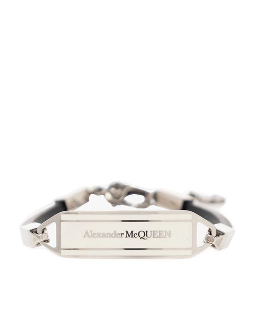 Alexander McQueen White Logo Embroidered Plate Bracelet for men