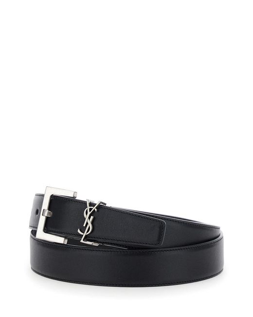 Saint Laurent Black Belt With Cassandre Plate, Leather Calf