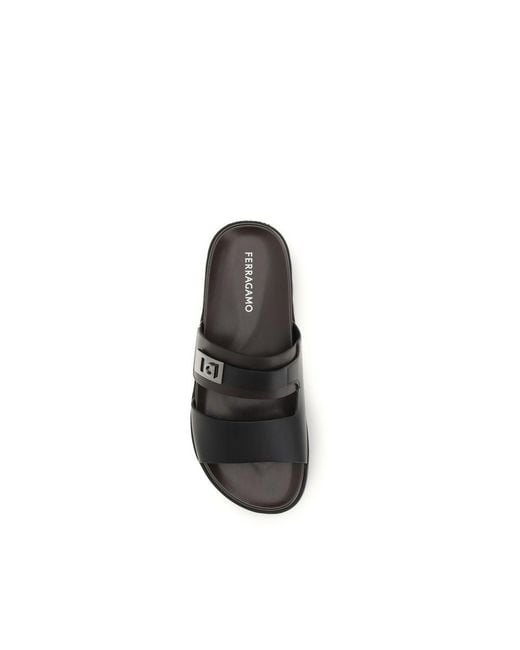 Ferragamo Black Calf Leather Bos Taurus Flat Sandals for men