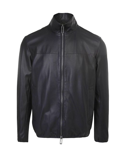 Emporio Armani Gray Zip-Up Long Sleeved Leather Jacket for men