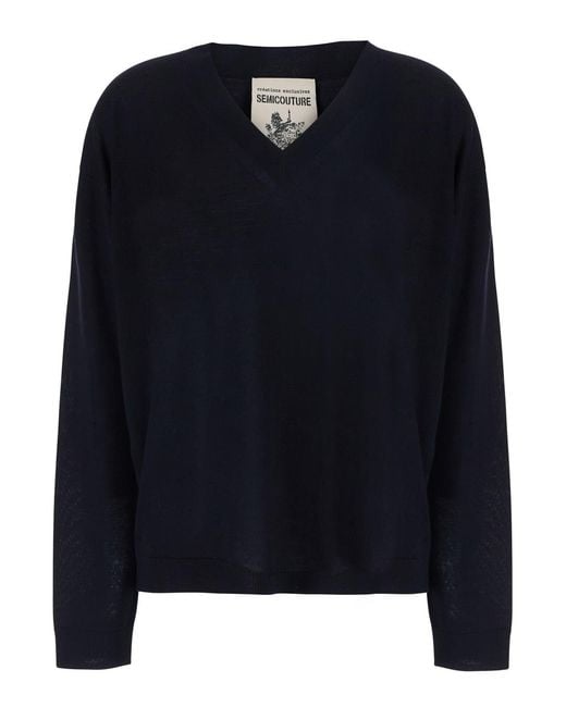 Semicouture Blue V-Neck Sweater Jade Virgin Wool Tops
