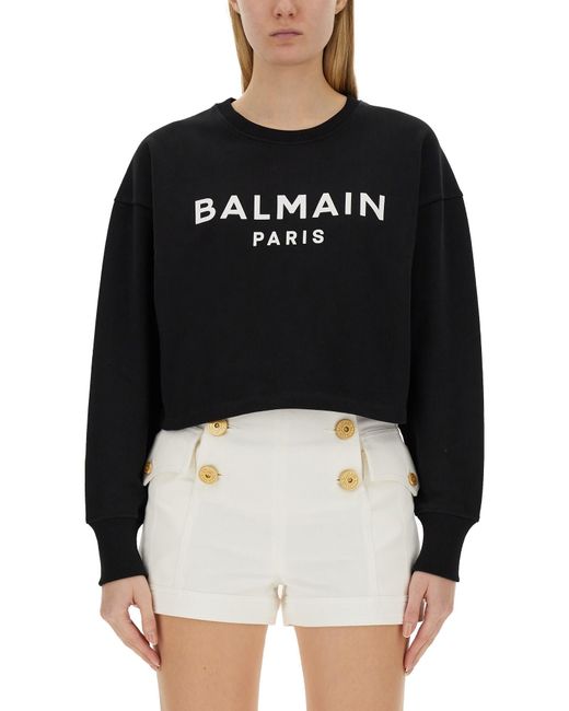 Balmain Black Logo Print Cropped Sweatshirt