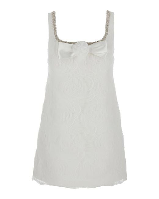 Self-Portrait White Mini Dress With Square Neck And Bow Detail On The Front