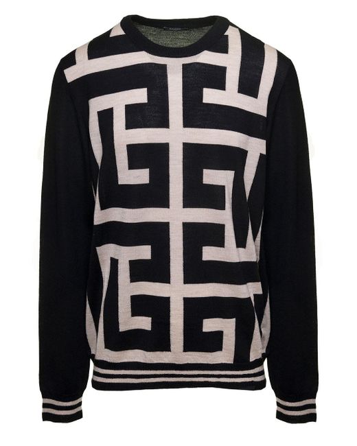 Balmain Black Sweater With Maxi Monogram In Wool for men