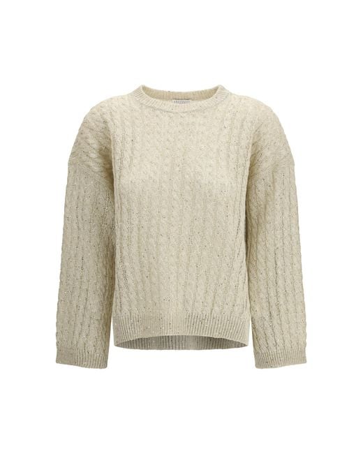 Brunello Cucinelli White Dazzling Cable Linen Sweater With Openwork Ribbing Linen; Nylon