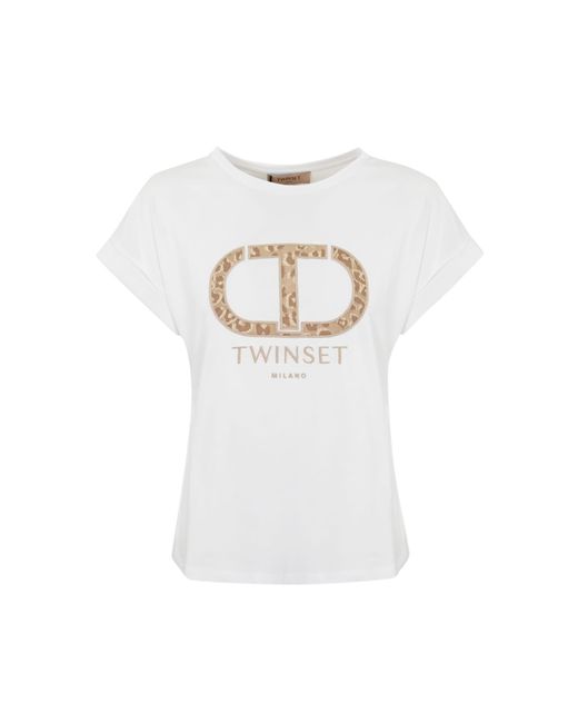 Twin Set White Cotton T-shirt With Animalier Logo