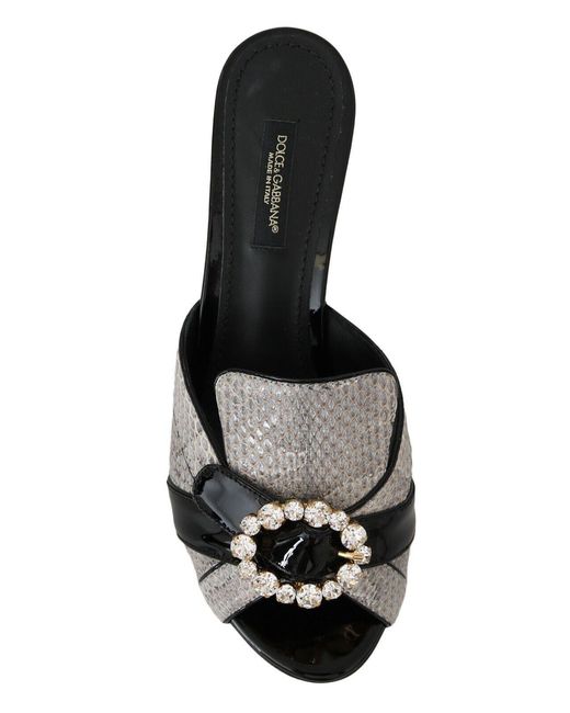 Dolce & Gabbana Black Gray Exotic Leather Crystals Sandals Shoes