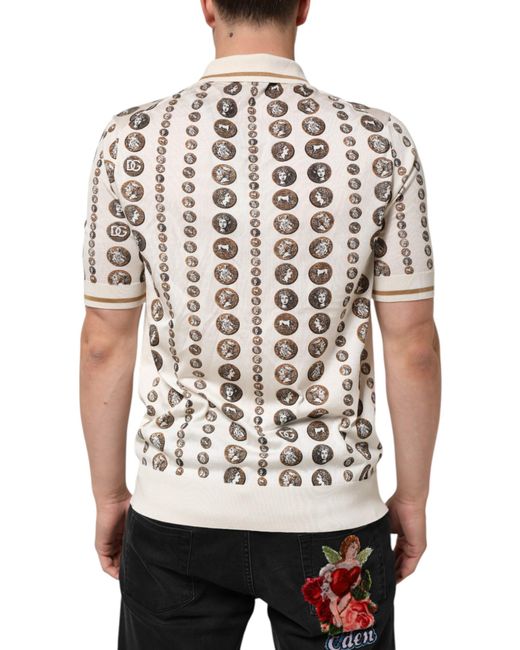 Dolce & Gabbana White Silk Ivory Coin Print Logo Polo T-Shirt for men