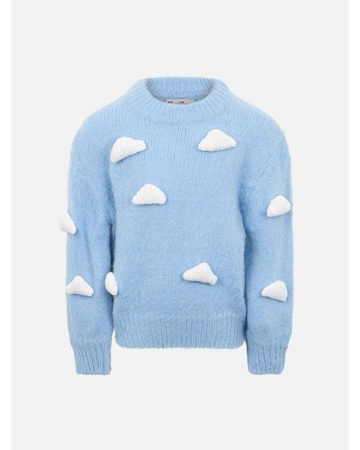 Mc2 Saint Barth Blue Girl Boxy Shape Soft Sweater Danya Jr With Crochet Cloud 3D Patches