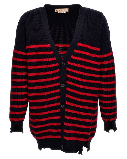 Marni Red Destroyed Effect Striped Cardigan Sweater, Cardigans for men
