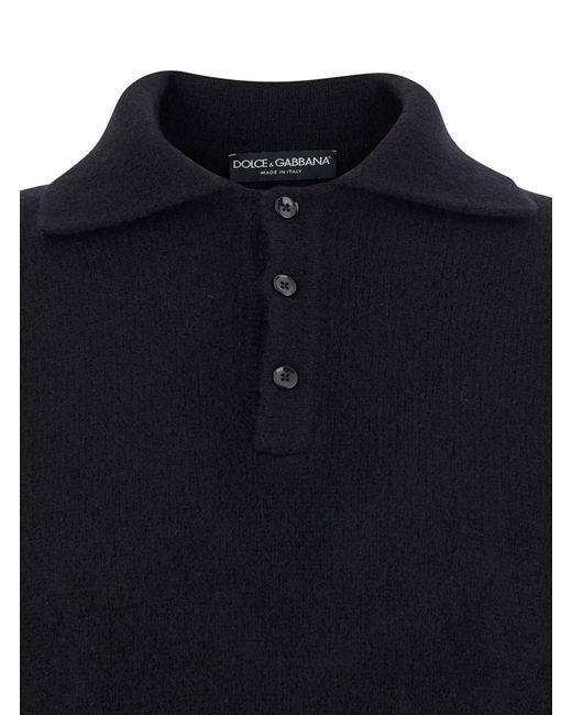 Dolce & Gabbana Blue Wool Polo Collar Sweater With Logo Patch Polyamide for men