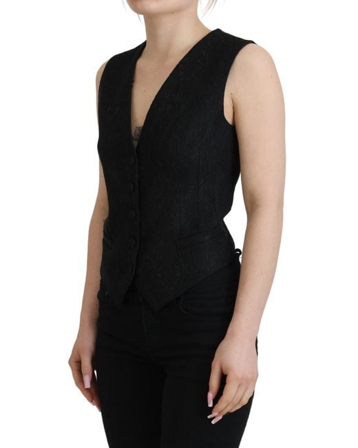 Dolce & Gabbana Black Brocade Button Down Sleeveless Vest Top