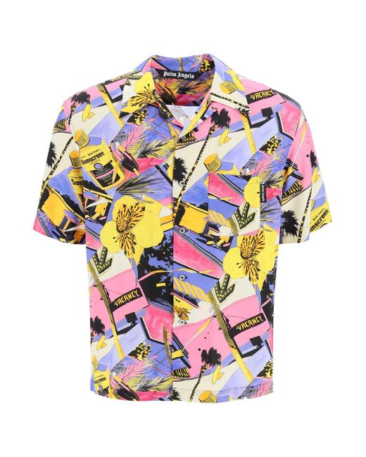 Palm Angels Pink Bowling Shirt With Miami Mix Print for men