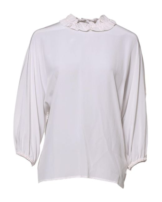 Dolce & Gabbana Gray Ruffled Neckline Blouse Pullover Top Silk