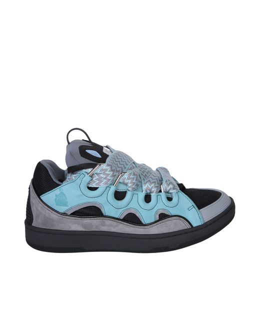 Lanvin Blue Curb-lace Leather, Suede And Mesh Trainers for men
