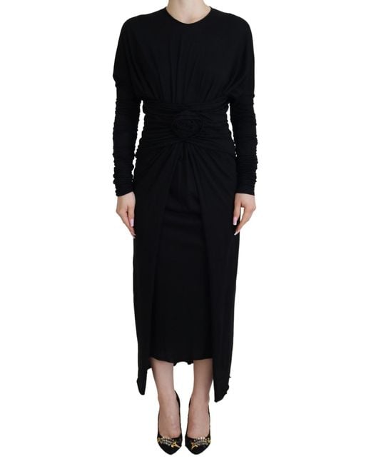 Dolce & Gabbana Black Elegant Sheath Wrap Dress With Long Sleeves