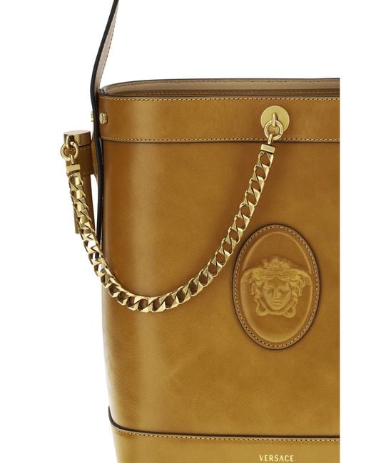 Versace Metallic Small Leather Pivot Bucket Bag Natural/ '82 Calf Bos Taurus