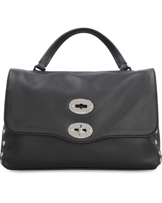 Zanellato Black Grained Leather Handbag With Decorative Studs And Removable Shoulder Strap