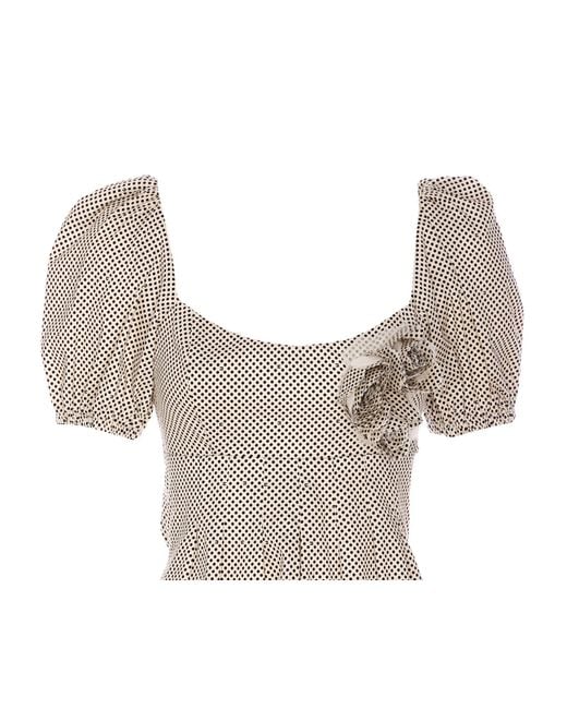 Elisabetta Franchi Natural Embroidered Cotton Dress With Polka Dots And Roses