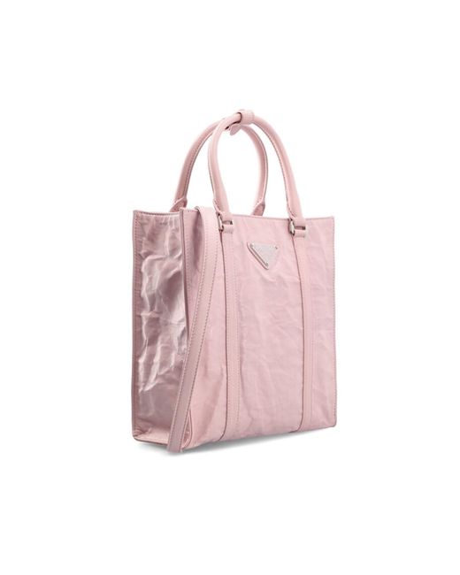 Prada Pink Logo-plaque Crinkle-effect Tote Bag