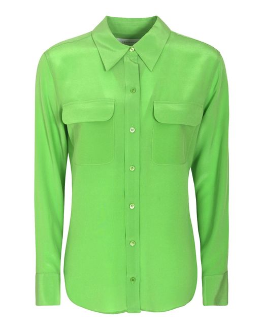 Equipment Green Round Hem Patched Pocket Plain Shirt
