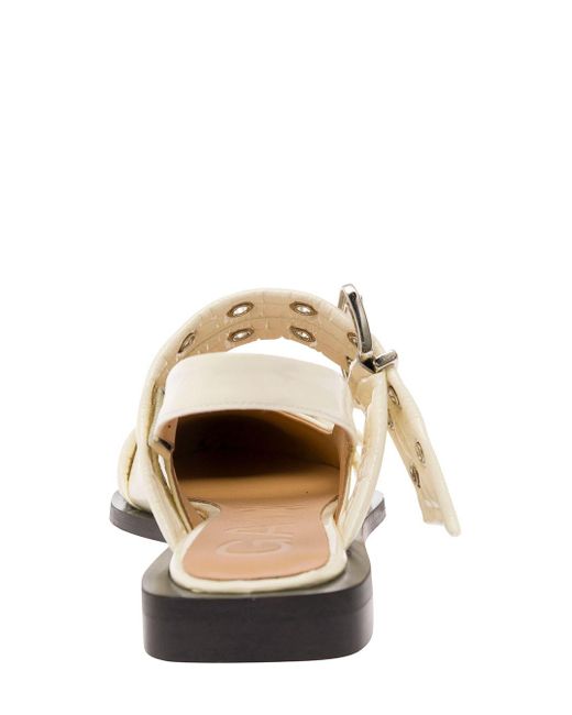 Ganni Metallic White Slingback Ballet Flats With Chunky Buckle In Recycled Polyester Blend