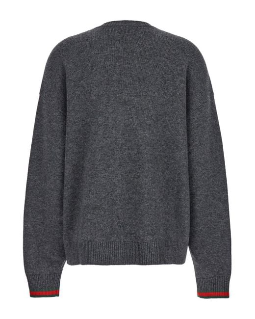 Gucci Gray Crewneck Sweater With Web Detail On The Cuffs
