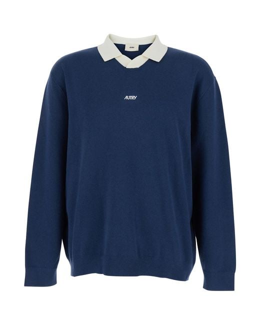 Autry Blue Polo Shirt With Contrast Collar And Logo On Front for men