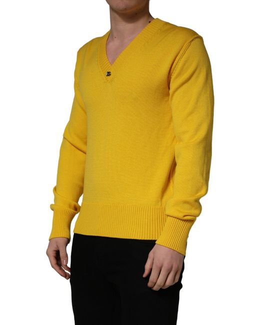 Dolce & Gabbana Yellow Wool Knitted V-Neck Pullover Polyester Virgin Clothing for men