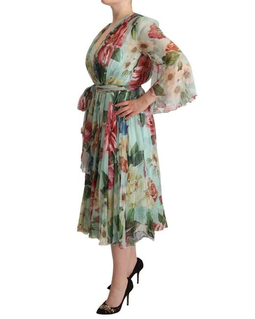 Dolce & Gabbana Green Elegant Floral Midi Silk Dress