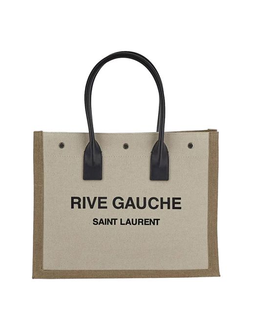 Saint Laurent Natural Rive Gauche Tote Bag In Linen And Leather