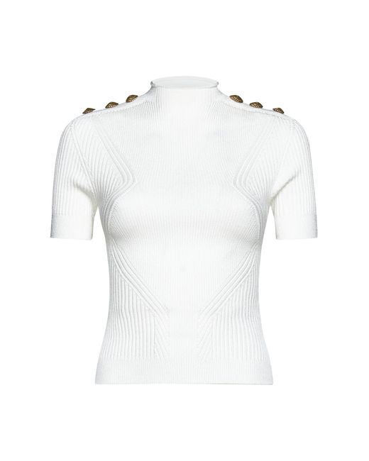 Balmain White Gold Embossed Buttons Knitted Top