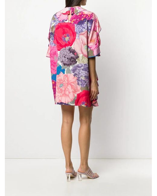Valentino Pink Floral Print Ruffled Dress