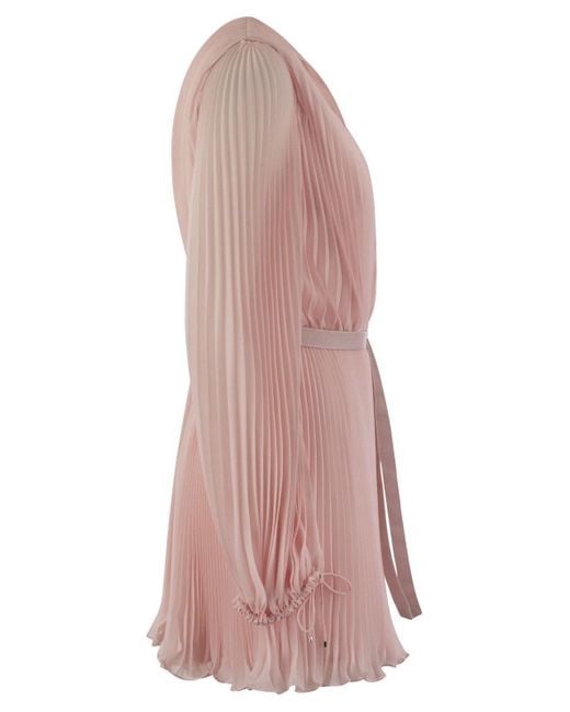 Max Mara Pianoforte Pink V-Neck Pleated Mini Dress